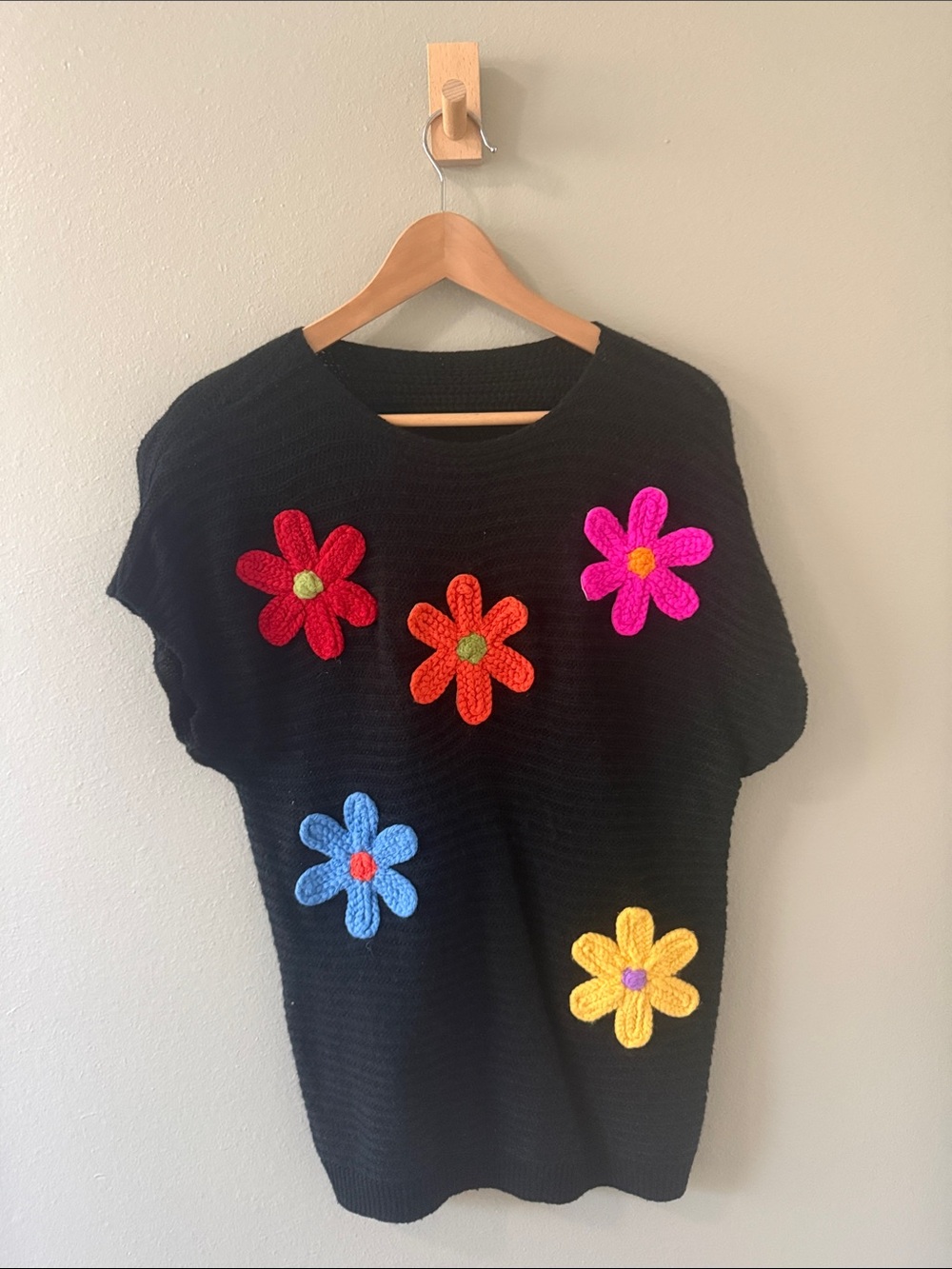 SHEIN Black Knit Top with Colorful Crochet Flowers